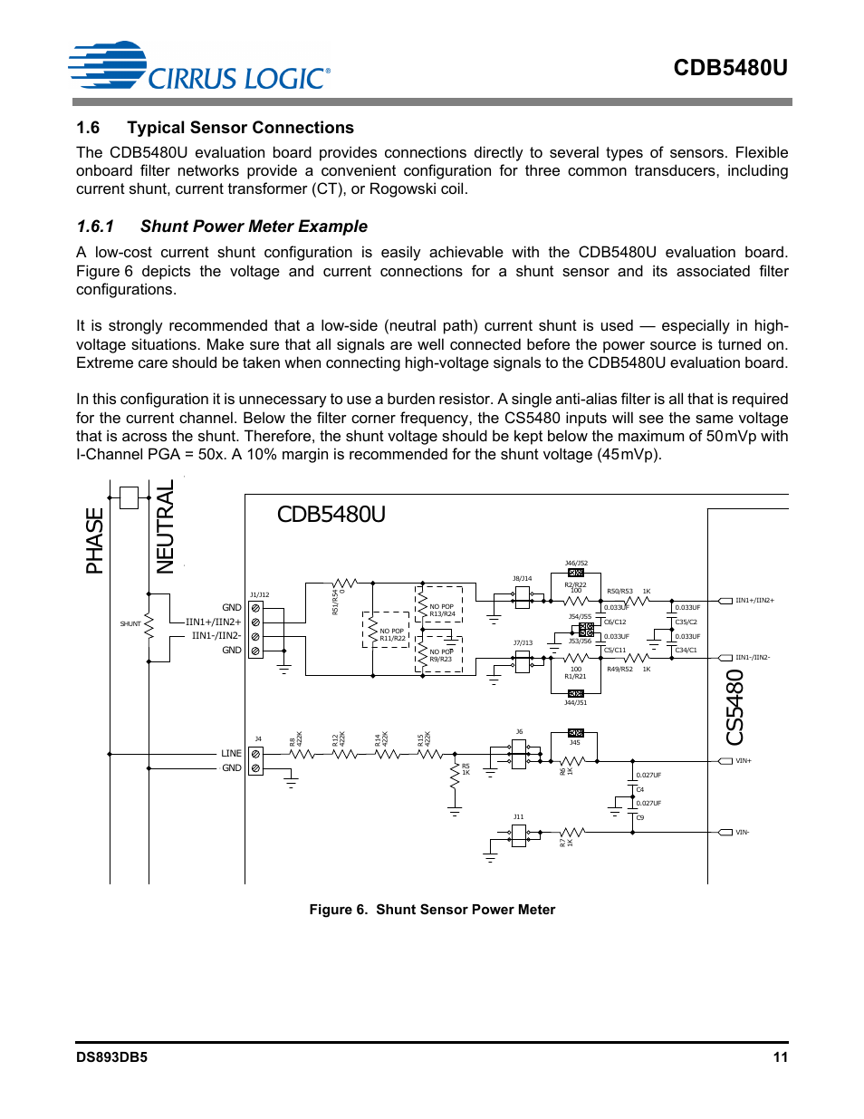6 typical sensor connections, 1 shunt power meter example, Figure 6. shunt sensor power meter | Cdb5480u | Cirrus Logic CDB5480U User Manual | Page 11 / 47