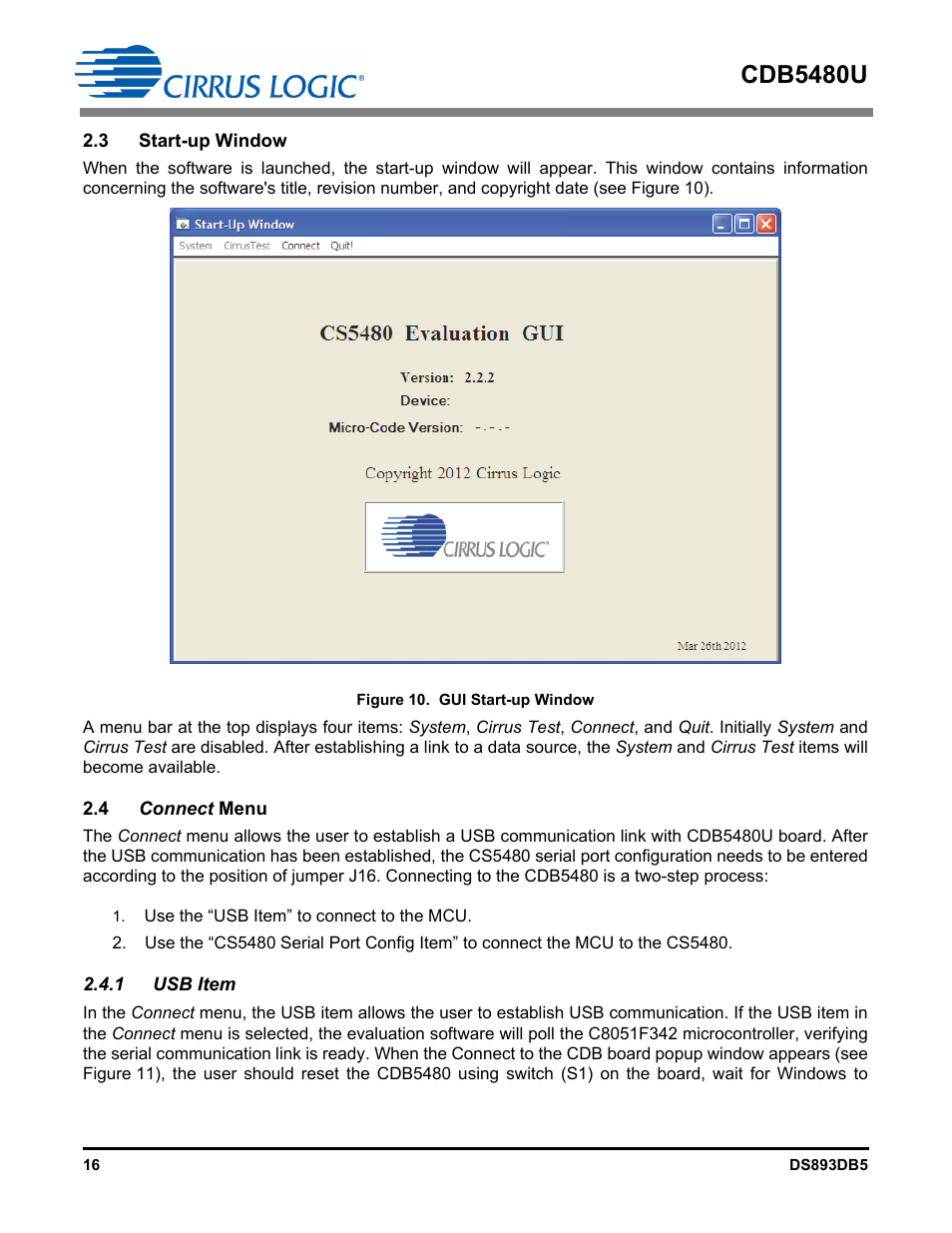 3 start-up window, 4 connect menu, 1 usb item | 3 start-up window 2.4 connect menu, Figure 10. gui start-up window, Cdb5480u | Cirrus Logic CDB5480U User Manual | Page 16 / 47