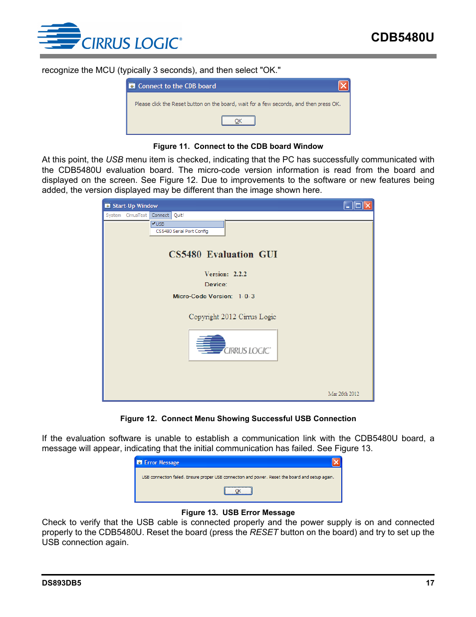 Figure 11. connect to the cdb board window, Figure 12. con, Figure 13. usb | Cdb5480u | Cirrus Logic CDB5480U User Manual | Page 17 / 47