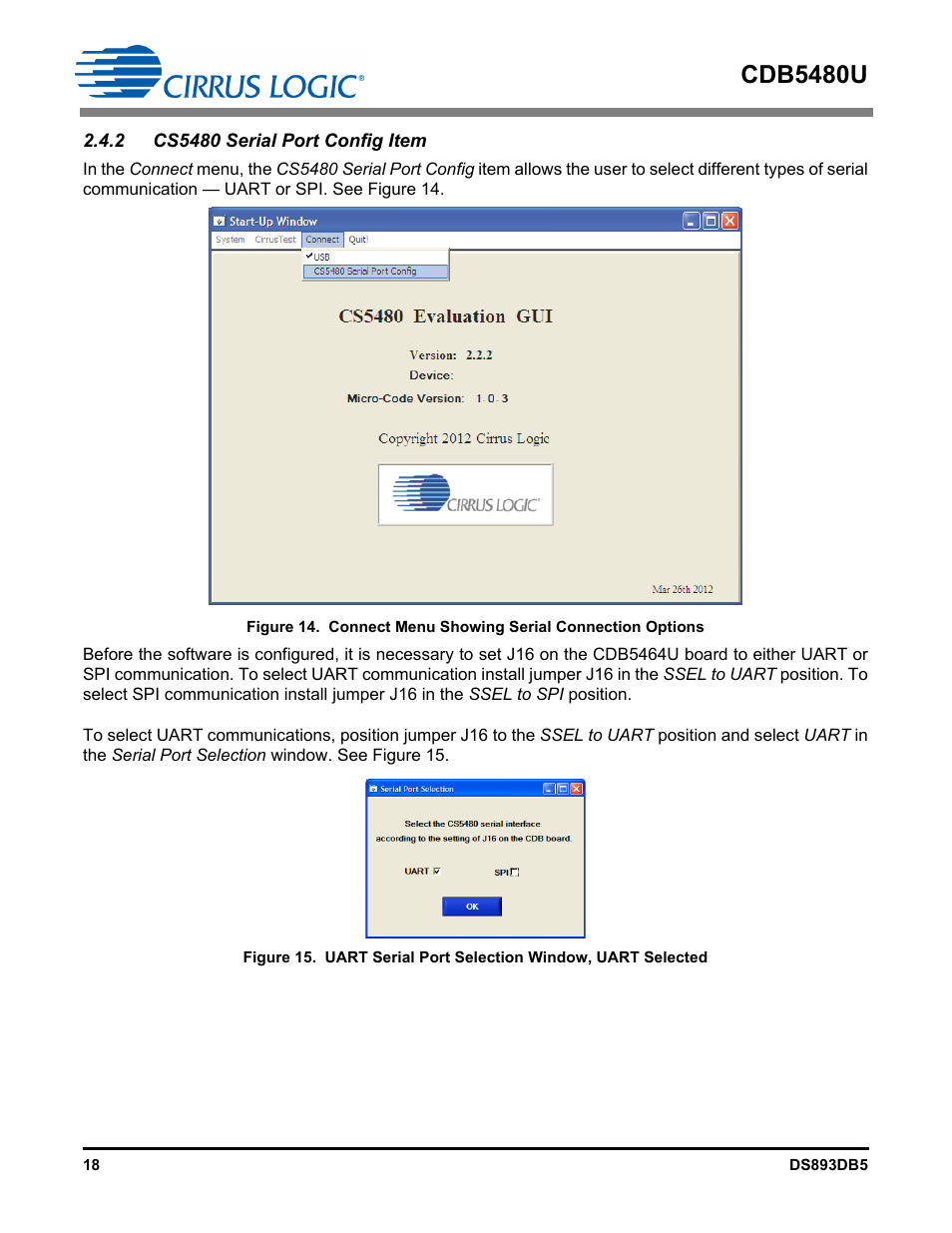 2 cs5480 serial port config item, Figure 14. con, Figure 15. uart | Cdb5480u | Cirrus Logic CDB5480U User Manual | Page 18 / 47