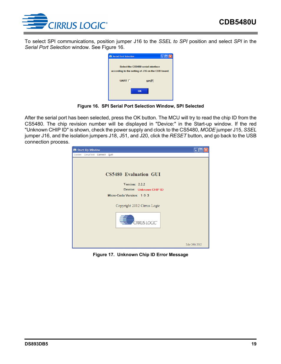 Figure 17. unknown chip id error message, Cdb5480u | Cirrus Logic CDB5480U User Manual | Page 19 / 47