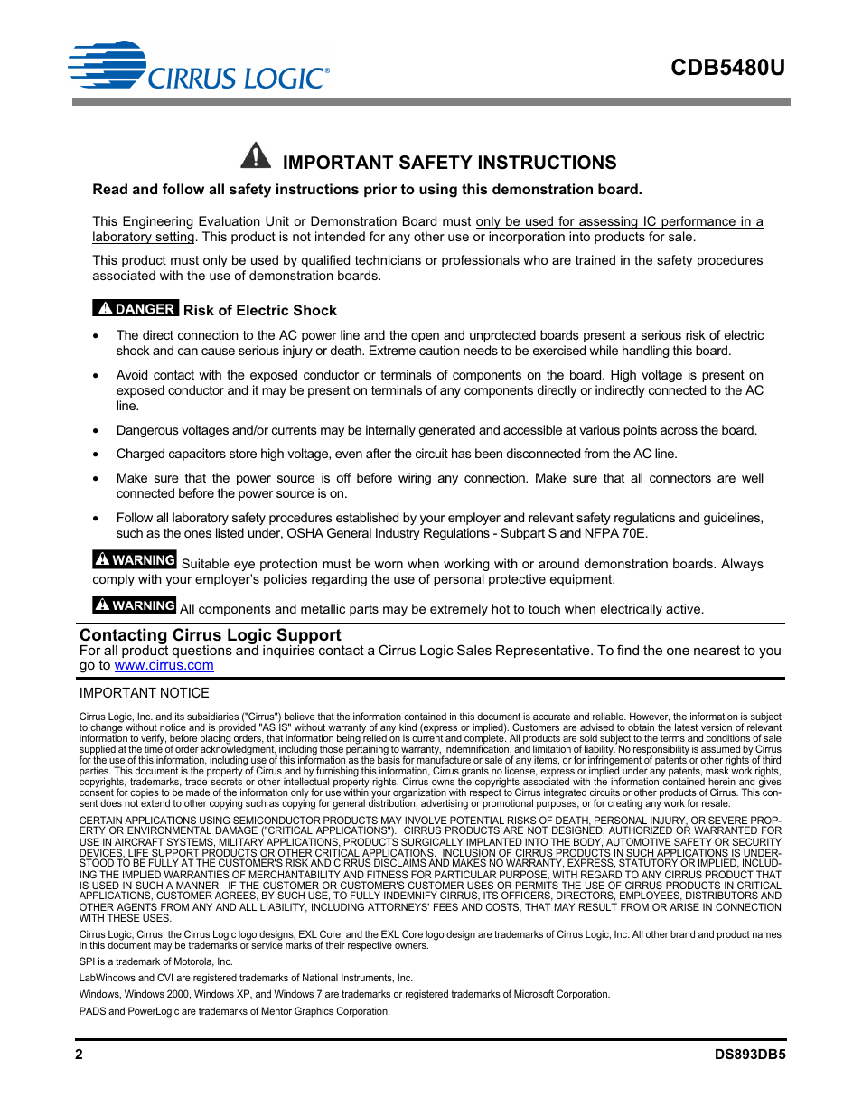 Cdb5480u, Important safety instructions, Contacting cirrus logic support | Cirrus Logic CDB5480U User Manual | Page 2 / 47