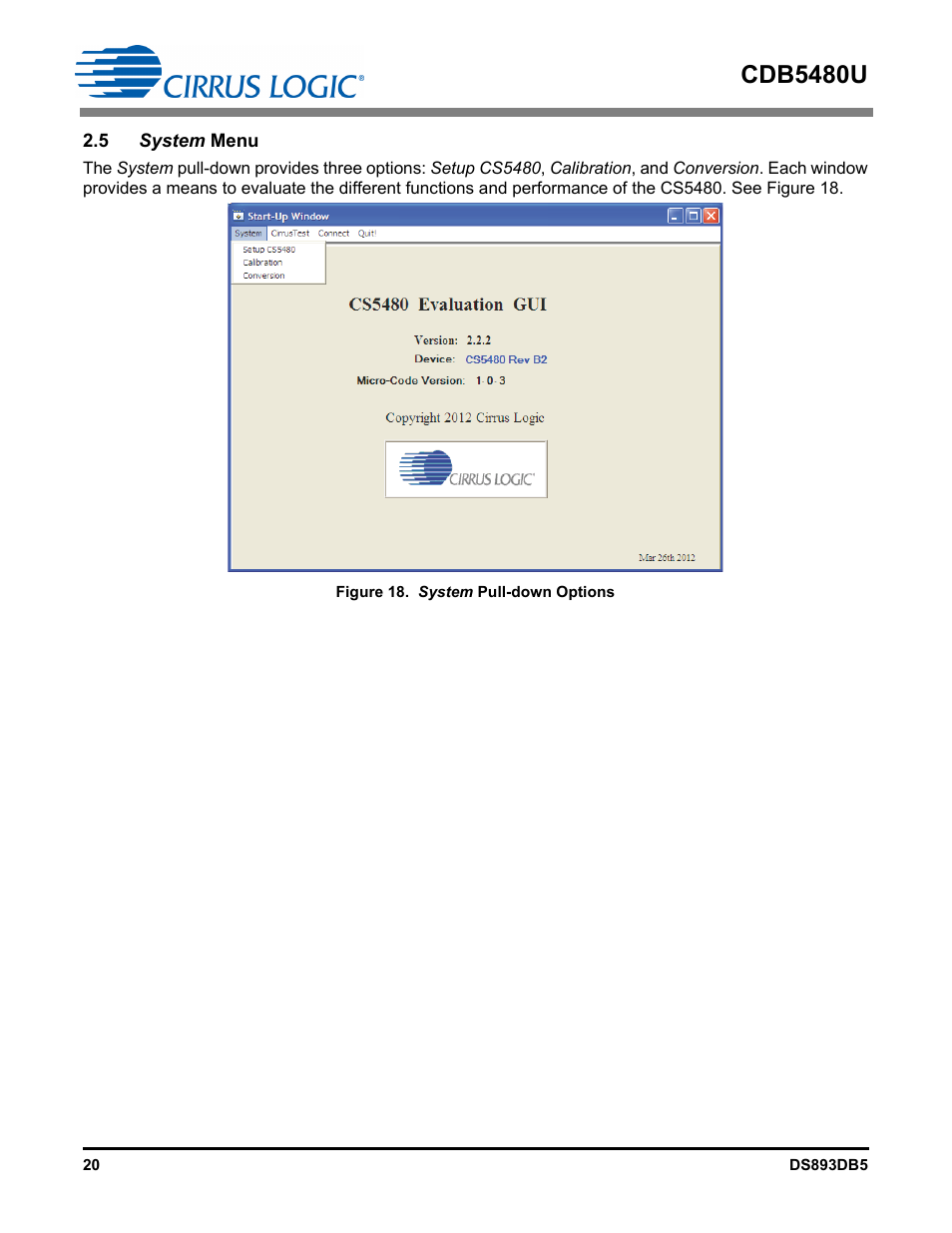 5 system menu, Figure 18. system pull-down options, Cdb5480u | Cirrus Logic CDB5480U User Manual | Page 20 / 47