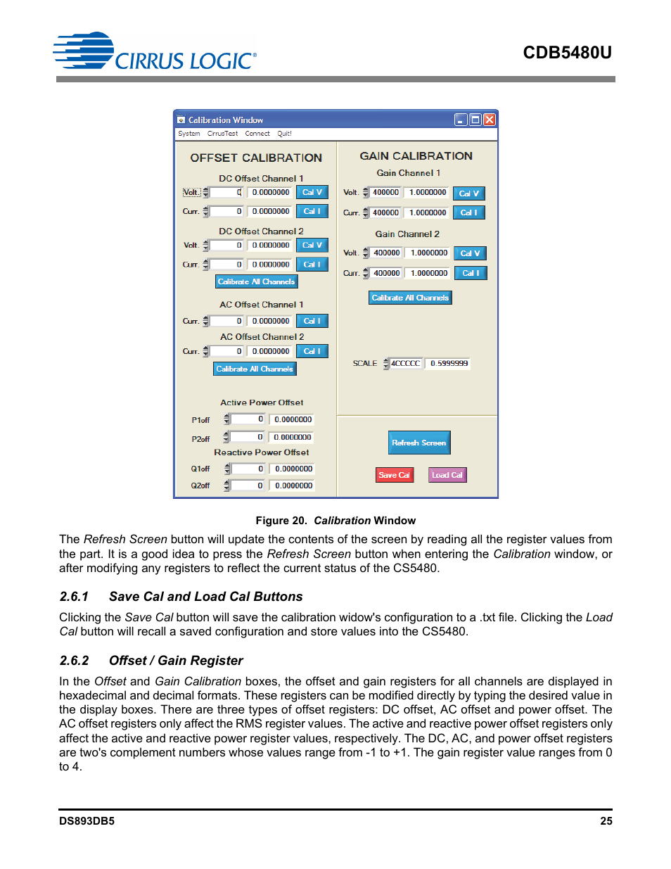 1 save cal and load cal buttons, 2 offset / gain register, Figure 20. calibration window | Cdb5480u | Cirrus Logic CDB5480U User Manual | Page 25 / 47