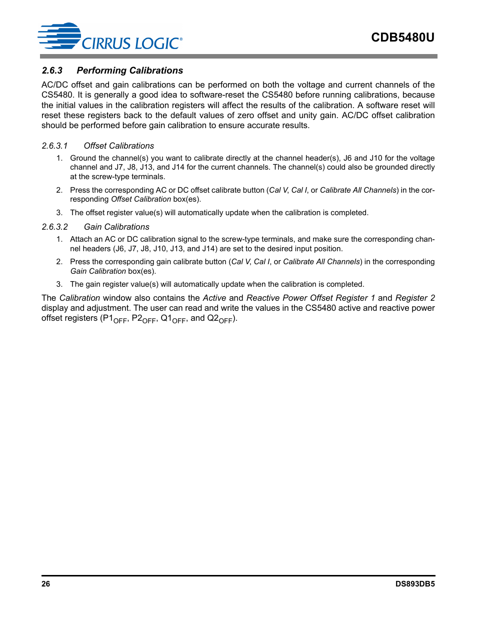 3 performing calibrations, 1 offset calibrations, 2 gain calibrations | Cdb5480u | Cirrus Logic CDB5480U User Manual | Page 26 / 47