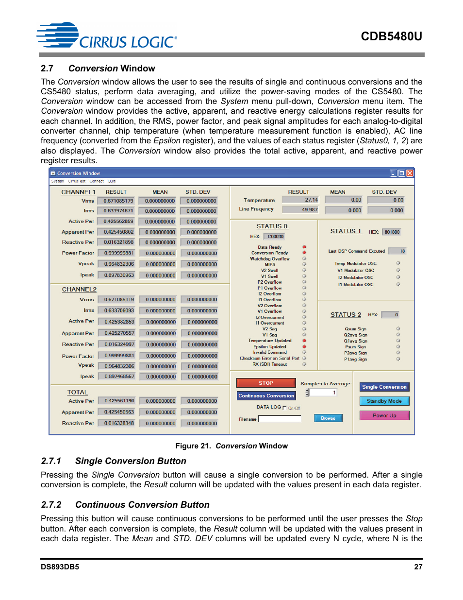 7 conversion window, 1 single conversion button, 2 continuous conversion button | Figure 21. conversion window, Cdb5480u | Cirrus Logic CDB5480U User Manual | Page 27 / 47