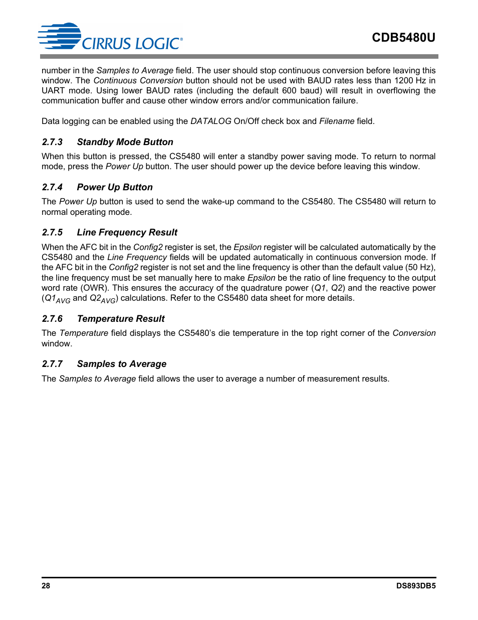 3 standby mode button, 4 power up button, 5 line frequency result | 6 temperature result, 7 samples to average, Cdb5480u | Cirrus Logic CDB5480U User Manual | Page 28 / 47