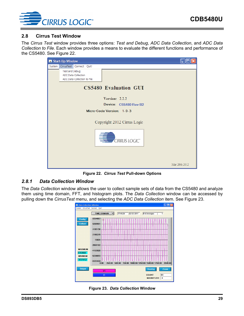 8 cirrus test window, 1 data collection window, Figure 22. cirrus test pull-down options | Figure 23. data collection window, Cdb5480u | Cirrus Logic CDB5480U User Manual | Page 29 / 47