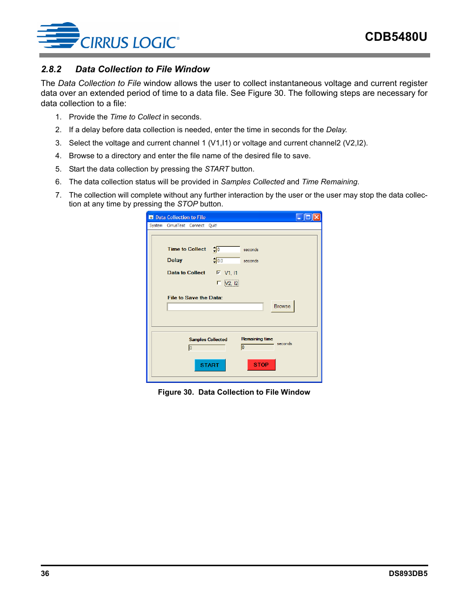 2 data collection to file window, Figure 30. data collection to file window, Cdb5480u | Cirrus Logic CDB5480U User Manual | Page 36 / 47