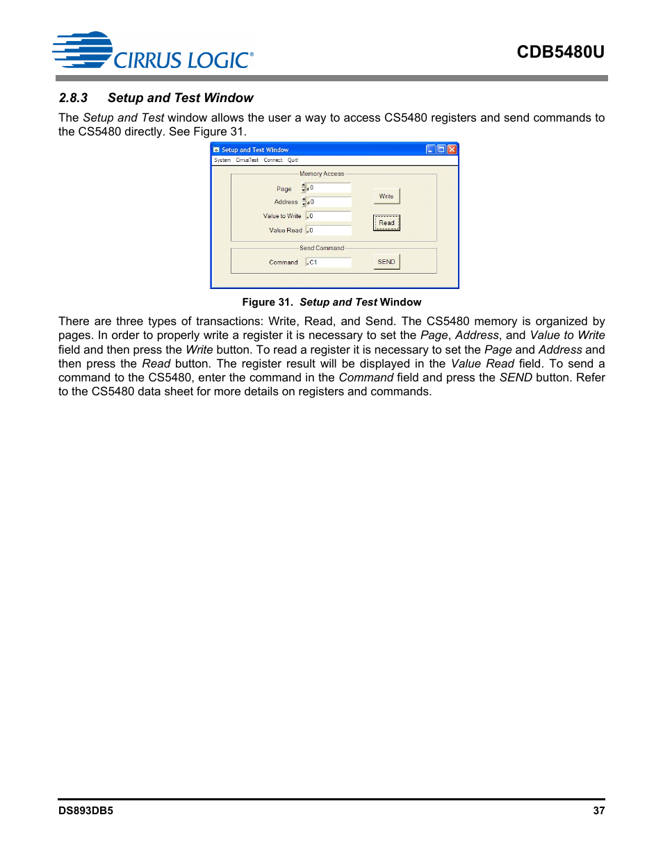 3 setup and test window, Figure 31. setup and test window, Cdb5480u | Cirrus Logic CDB5480U User Manual | Page 37 / 47