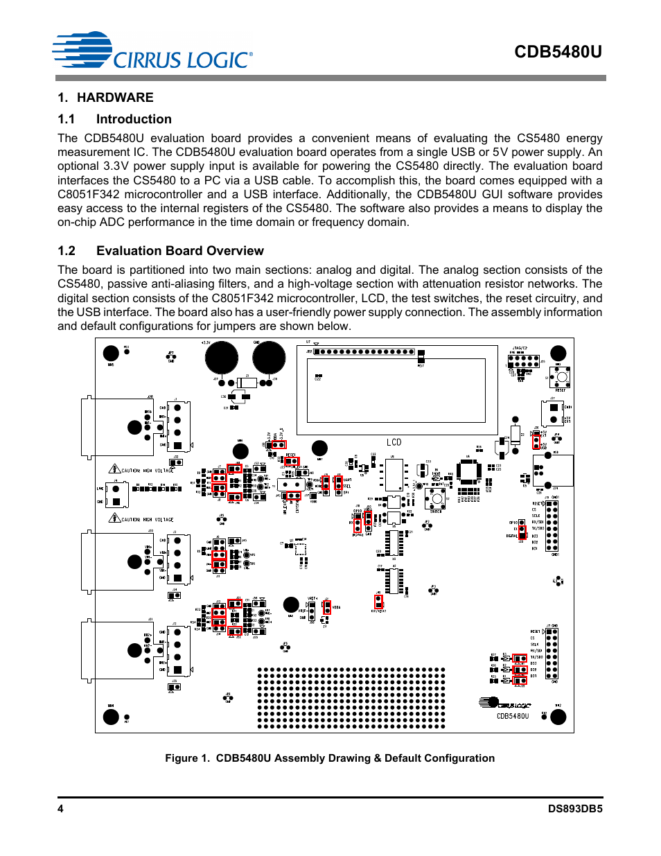 Hardware, 1 introduction, 2 evaluation board overview | 1 introduction 1.2 evaluation board overview, Cdb5480u | Cirrus Logic CDB5480U User Manual | Page 4 / 47