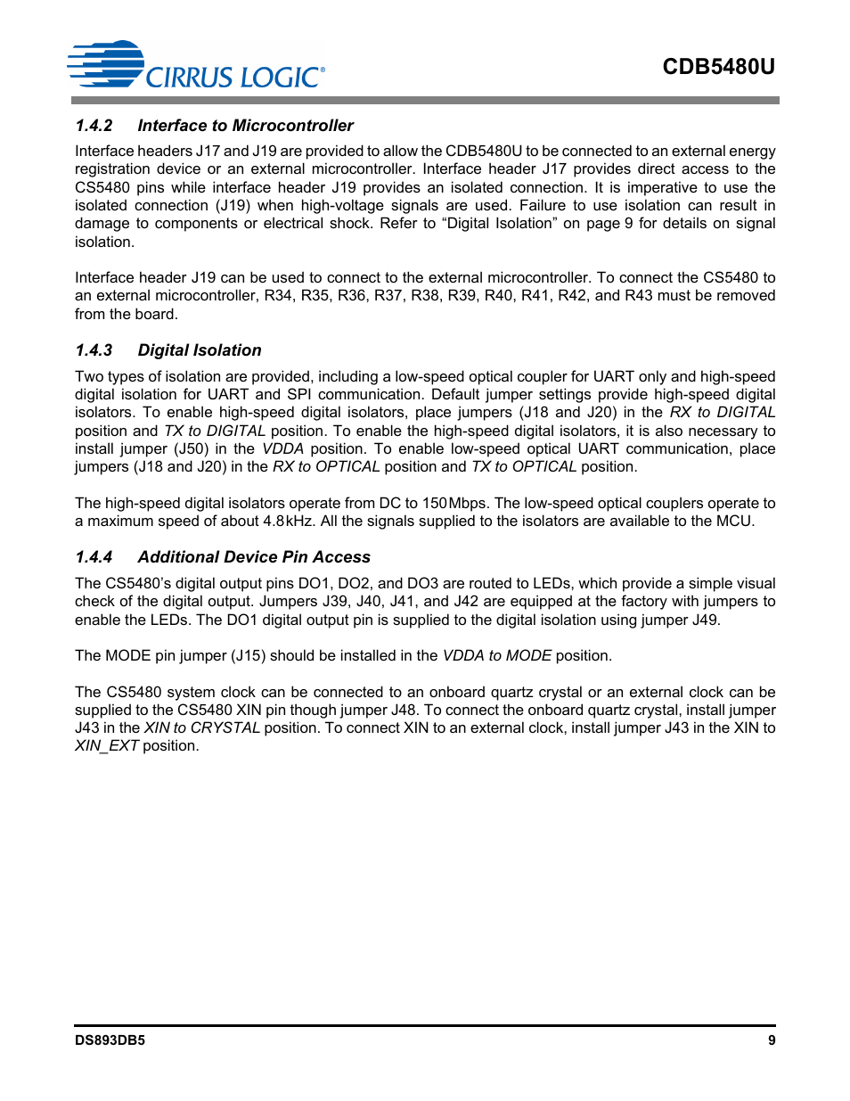 2 interface to microcontroller, 3 digital isolation, 4 additional device pin access | Cdb5480u | Cirrus Logic CDB5480U User Manual | Page 9 / 47