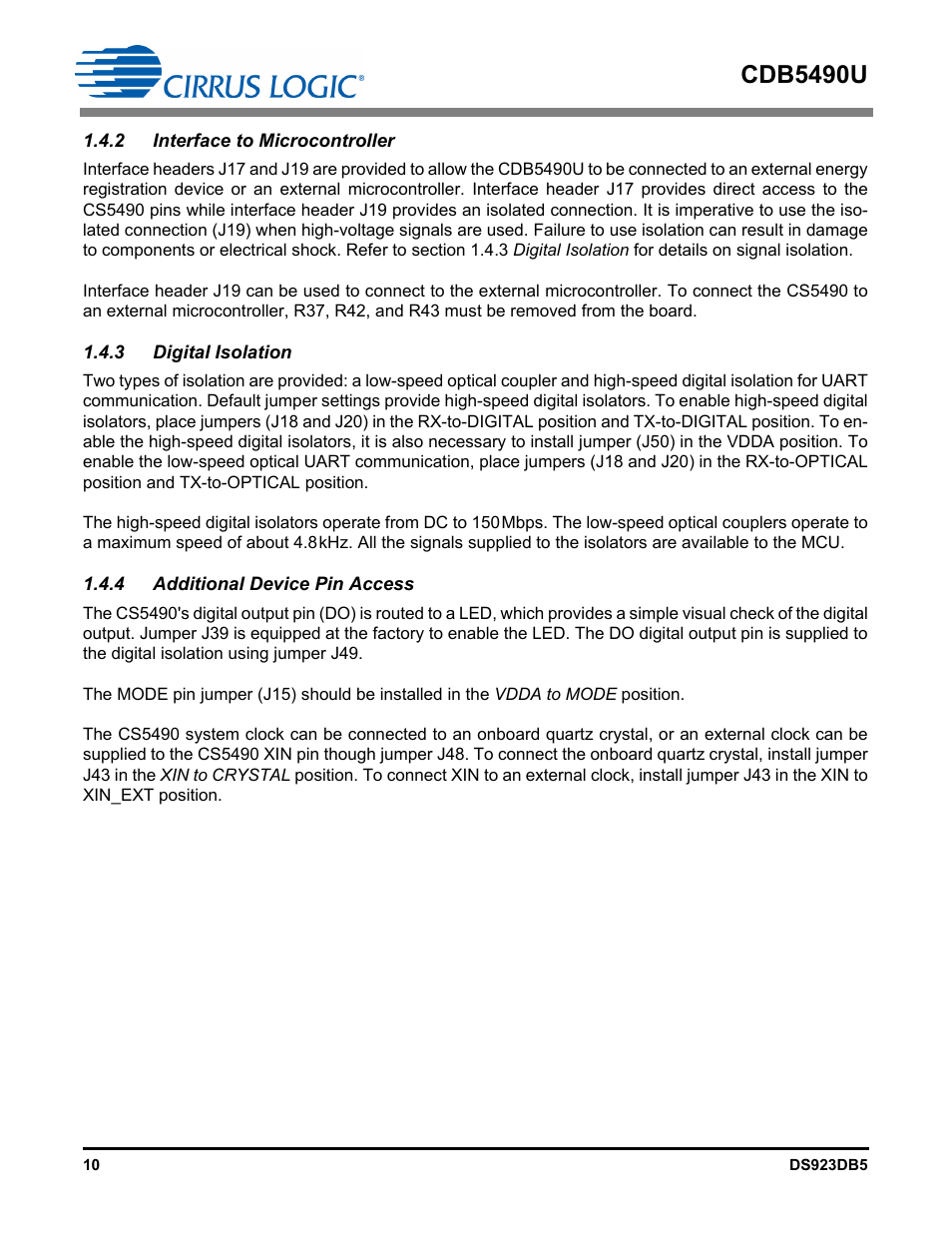 2 interface to microcontroller, 3 digital isolation, 4 additional device pin access | Cdb5490u | Cirrus Logic CDB5490U User Manual | Page 10 / 46