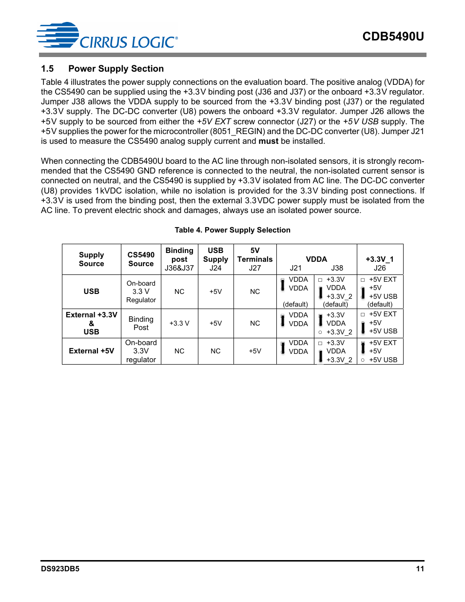 5 power supply section, Cdb5490u | Cirrus Logic CDB5490U User Manual | Page 11 / 46