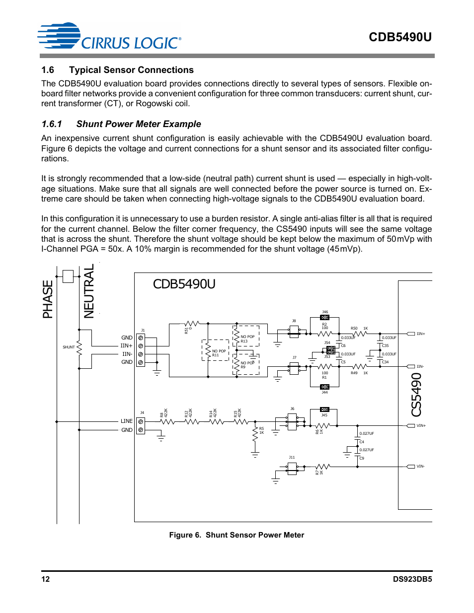 6 typical sensor connections, 1 shunt power meter example, Figure 6. shunt sensor power meter | Cdb5490u | Cirrus Logic CDB5490U User Manual | Page 12 / 46