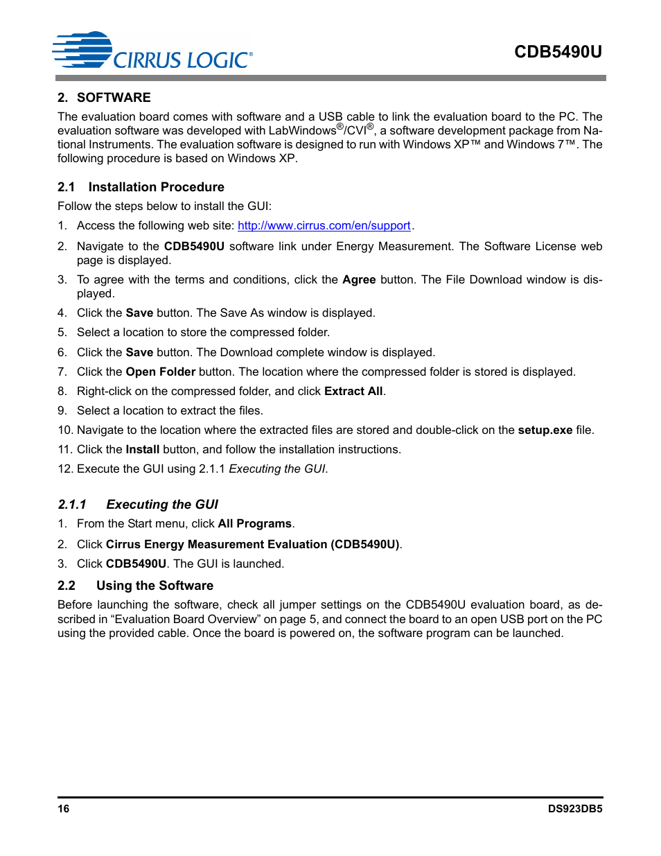 Software, 1 installation procedure, 1 executing the gui | 2 using the software, 1 installation procedure 2.2 using the software, Cdb5490u | Cirrus Logic CDB5490U User Manual | Page 16 / 46