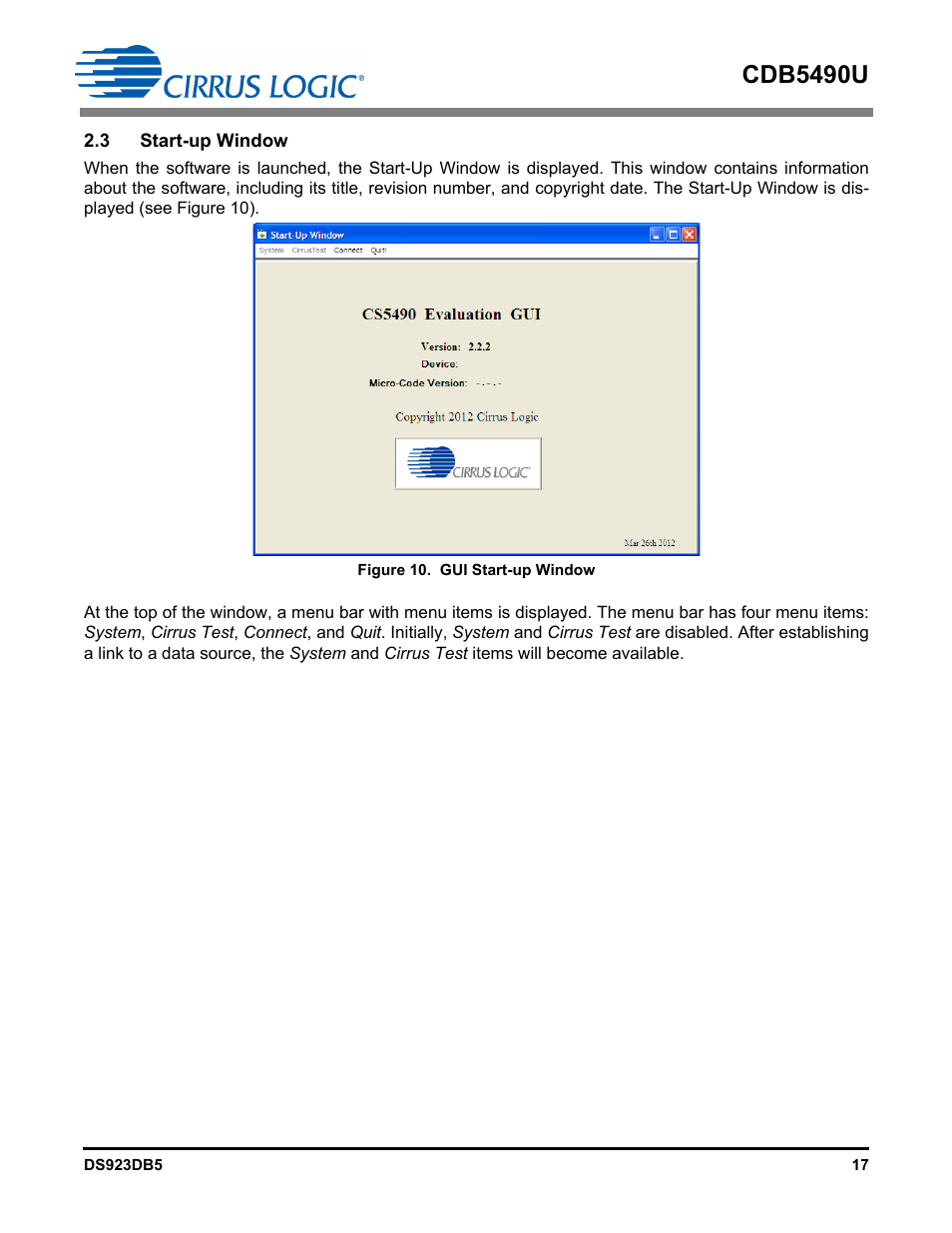 3 start-up window, Figure 10. gui start-up window, Cdb5490u | Cirrus Logic CDB5490U User Manual | Page 17 / 46
