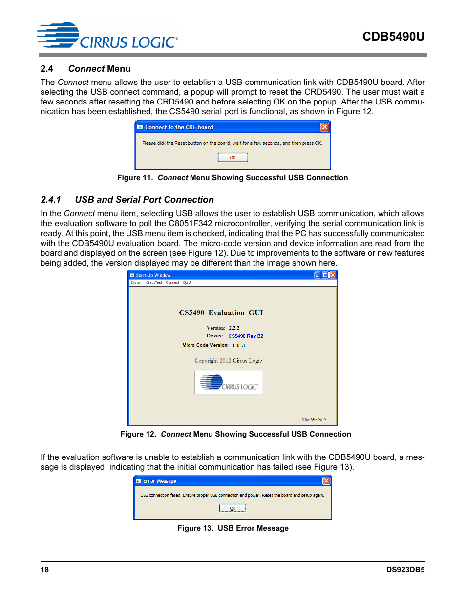 4 connect menu, 1 usb and serial port connection, Figure 11 | Figure 12, Figure 13, Cdb5490u | Cirrus Logic CDB5490U User Manual | Page 18 / 46