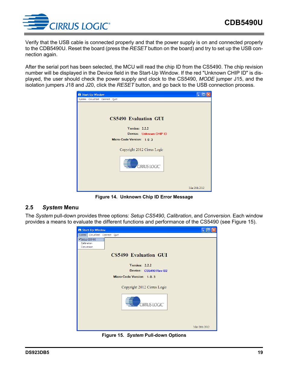 5 system menu, Figure 14. unknown chip id error message, Figure 15. system pull-down options | Cdb5490u | Cirrus Logic CDB5490U User Manual | Page 19 / 46