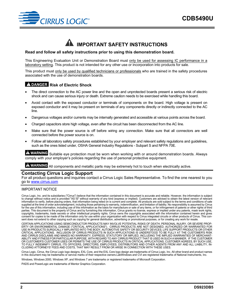 Cdb5490u, Important safety instructions, Contacting cirrus logic support | Cirrus Logic CDB5490U User Manual | Page 2 / 46