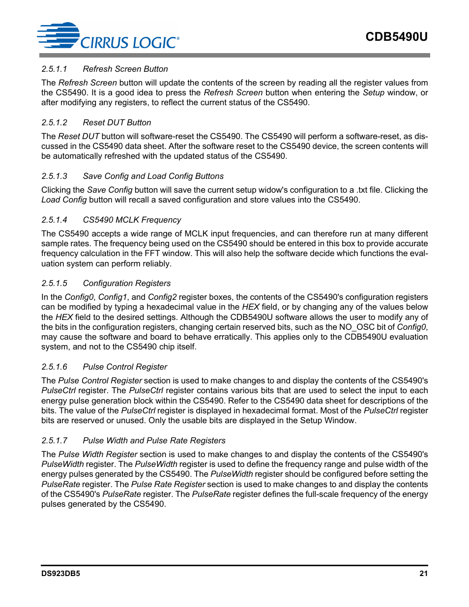 1 refresh screen button, 2 reset dut button, 3 save config and load config buttons | 4 cs5490 mclk frequency, 5 configuration registers, 6 pulse control register, 7 pulse width and pulse rate registers, Cdb5490u | Cirrus Logic CDB5490U User Manual | Page 21 / 46