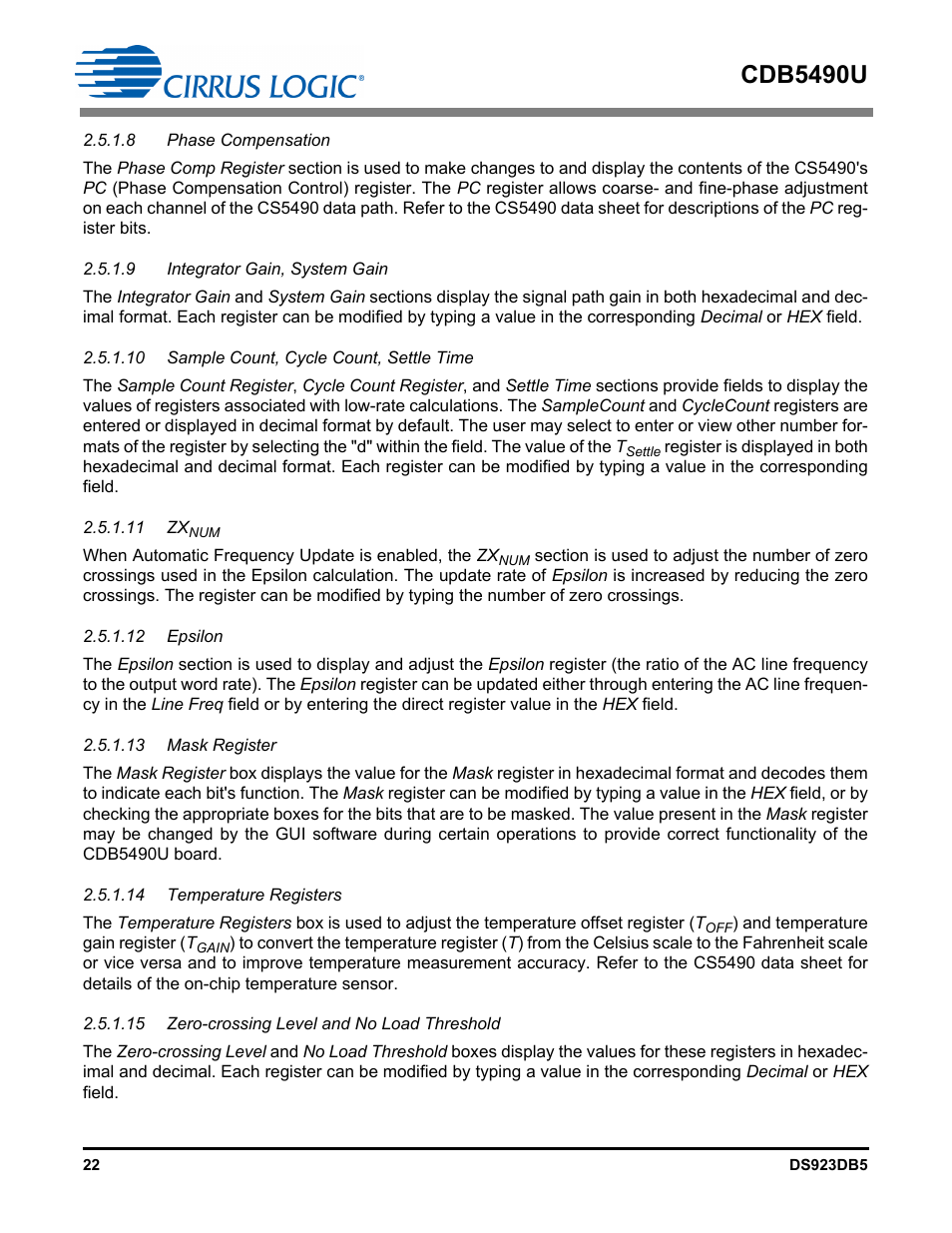 8 phase compensation, 9 integrator gain, system gain, 10 sample count, cycle count, settle time | 11 zxnum, 12 epsilon, 13 mask register, 14 temperature registers, 15 zero-crossing level and no load threshold, Cdb5490u | Cirrus Logic CDB5490U User Manual | Page 22 / 46