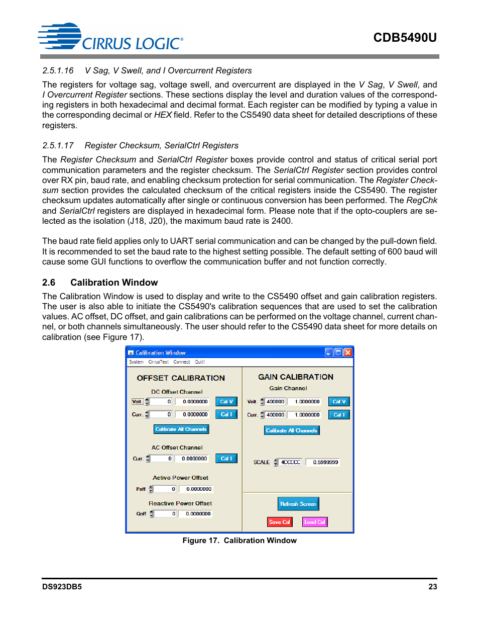 16 v sag, v swell, and i overcurrent registers, 17 register checksum, serialctrl registers, 6 calibration window | Figure 17. calibration window, Cdb5490u | Cirrus Logic CDB5490U User Manual | Page 23 / 46