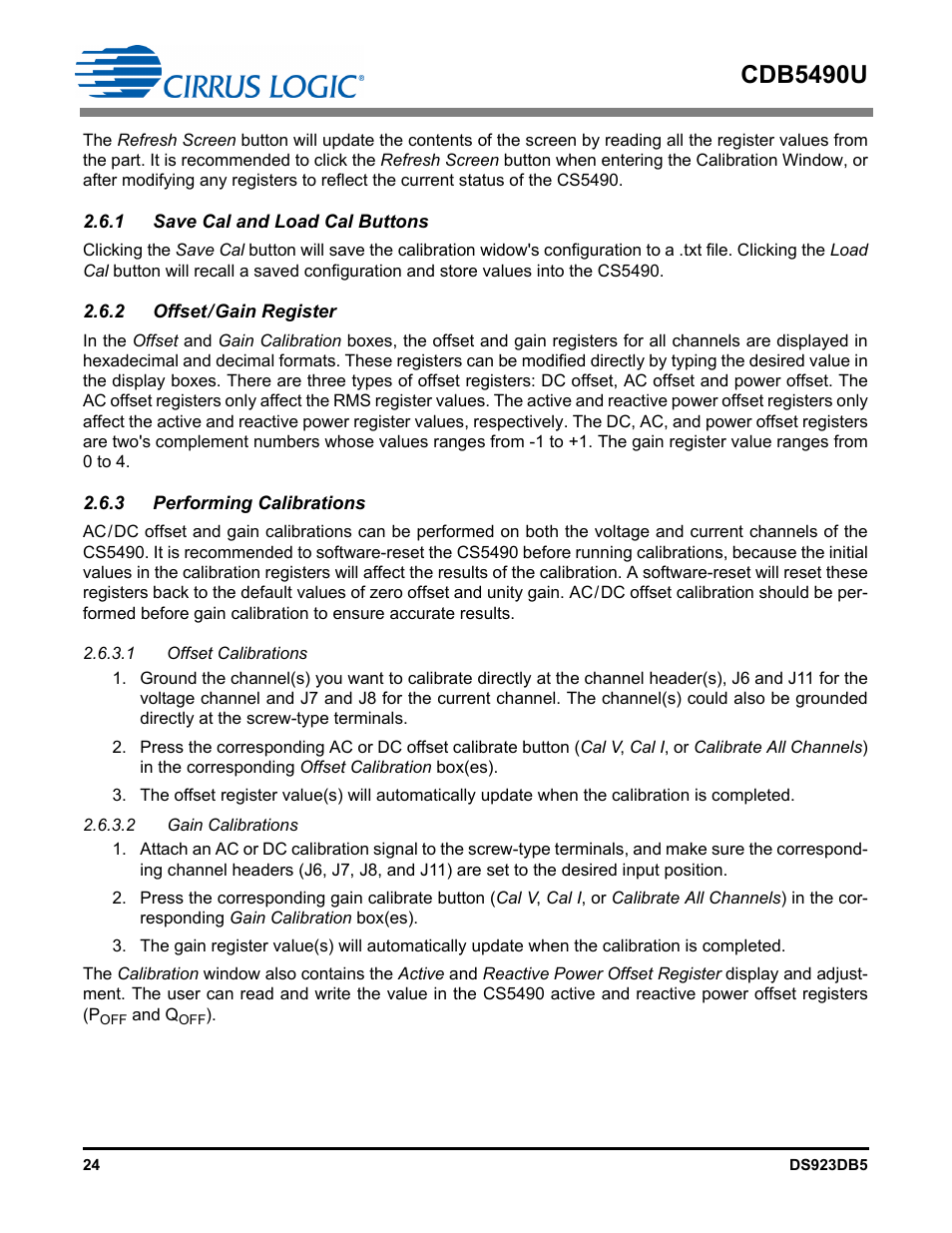 1 save cal and load cal buttons, 2 offset / gain register, 3 performing calibrations | 1 offset calibrations, 2 gain calibrations, Cdb5490u | Cirrus Logic CDB5490U User Manual | Page 24 / 46