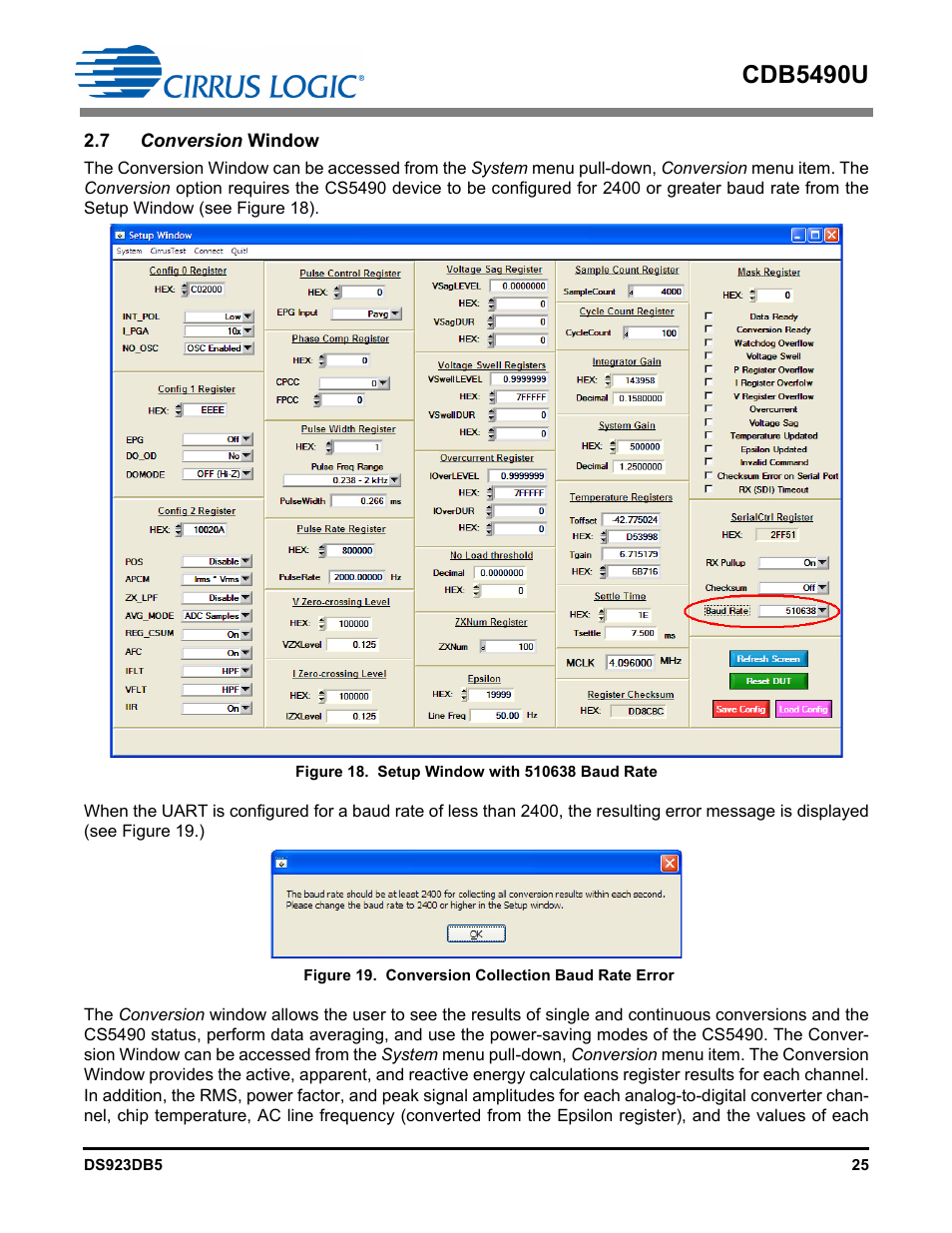 7 conversion window, Figure 18. setup window with 510638 baud rate, Figure 19. conversion collection baud rate error | Cdb5490u | Cirrus Logic CDB5490U User Manual | Page 25 / 46