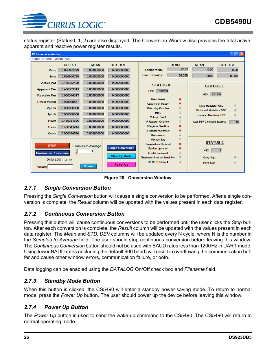 1 single conversion button, 2 continuous conversion button, 3 standby mode button | 4 power up button, Figure 20. conversion window, Cdb5490u | Cirrus Logic CDB5490U User Manual | Page 26 / 46