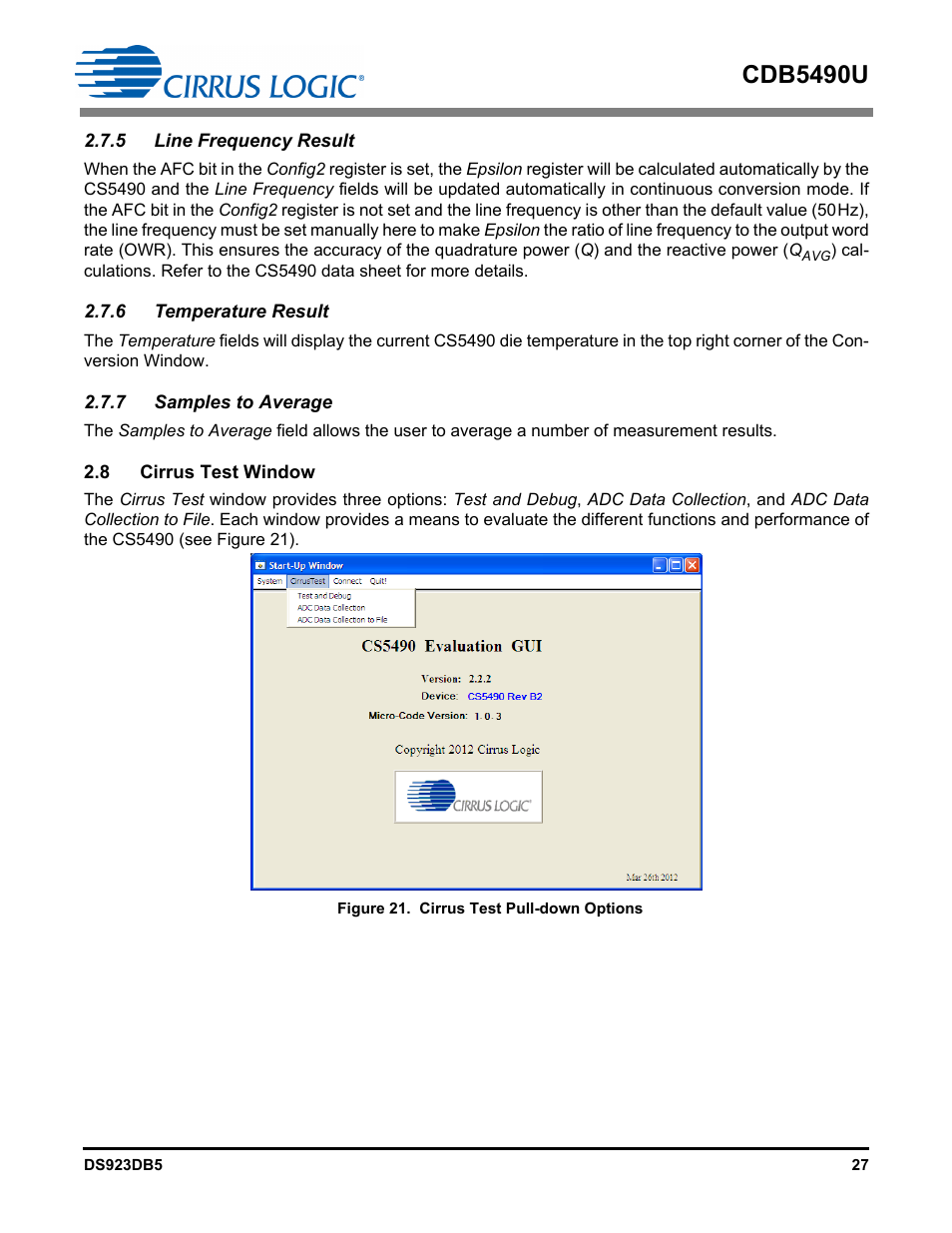 5 line frequency result, 6 temperature result, 7 samples to average | 8 cirrus test window, Figure 21. cirrus test pull-down options, Cdb5490u | Cirrus Logic CDB5490U User Manual | Page 27 / 46