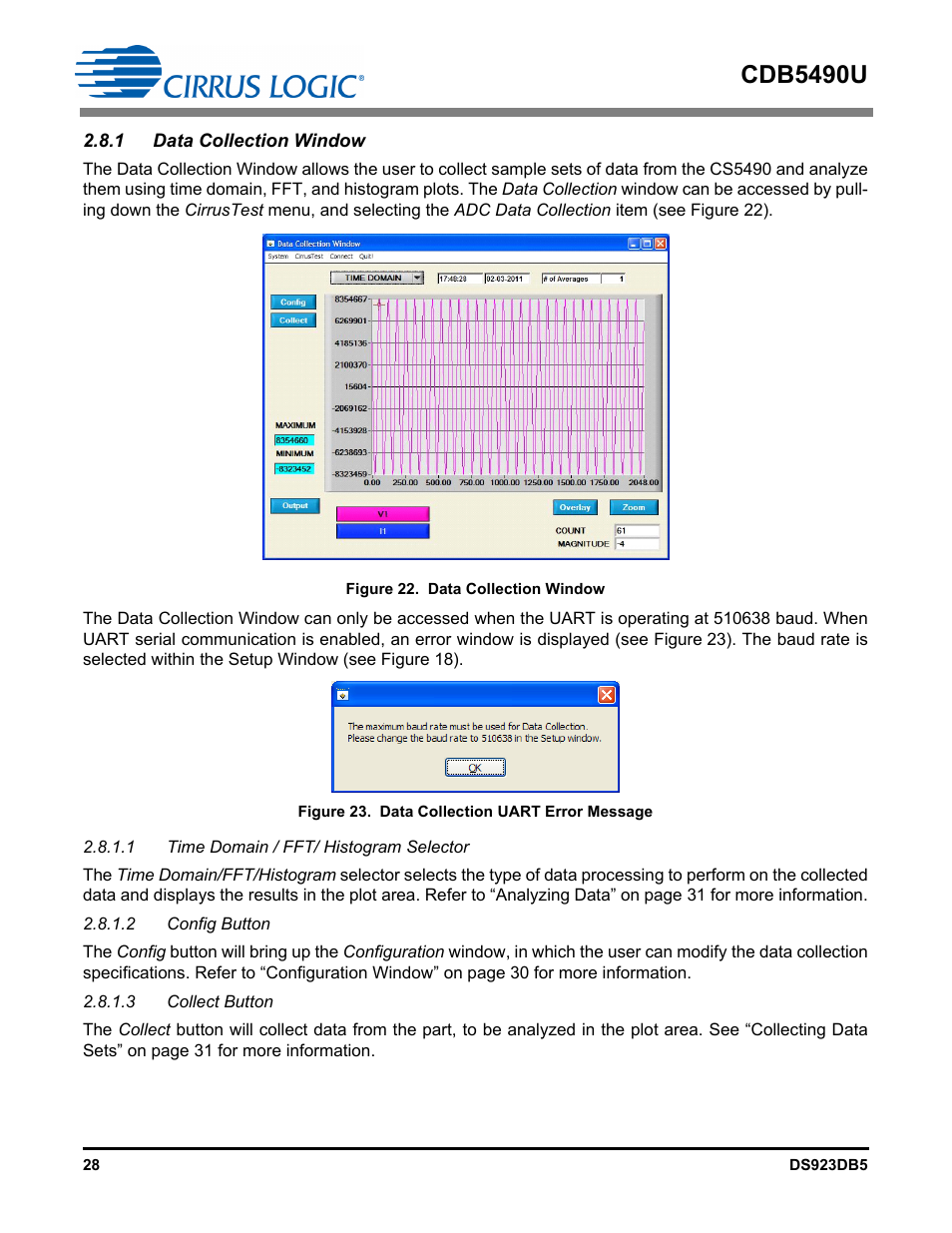 1 data collection window, 1 time domain / fft/ histogram selector, 2 config button | 3 collect button, Figure 22. data collection window, Figure 23. data collection uart error message, Cdb5490u | Cirrus Logic CDB5490U User Manual | Page 28 / 46