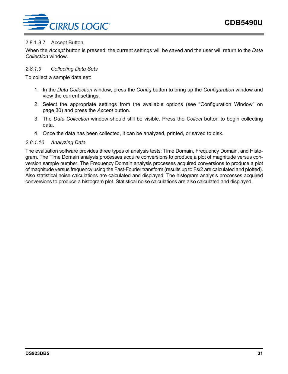 9 collecting data sets, 10 analyzing data, Cdb5490u | Cirrus Logic CDB5490U User Manual | Page 31 / 46