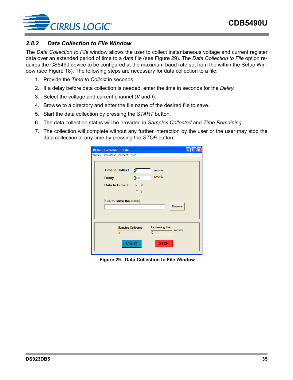 2 data collection to file window, Figure 29. data collection to file window, Cdb5490u | Cirrus Logic CDB5490U User Manual | Page 35 / 46