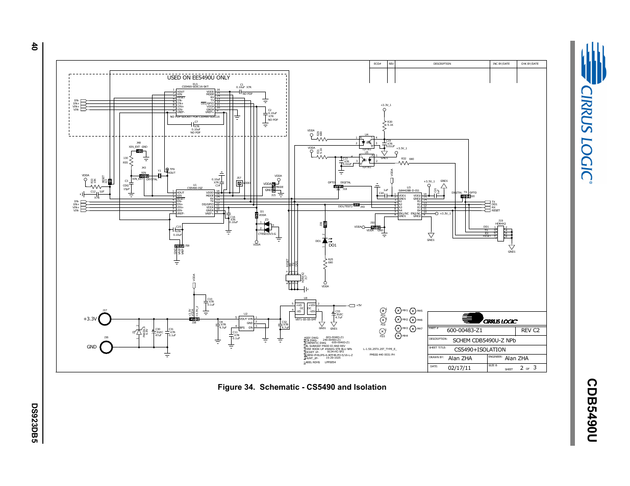 Figure 34. schematic - cs5490 and isolation, Cdb5490u, 3v gnd | Cirrus Logic CDB5490U User Manual | Page 40 / 46