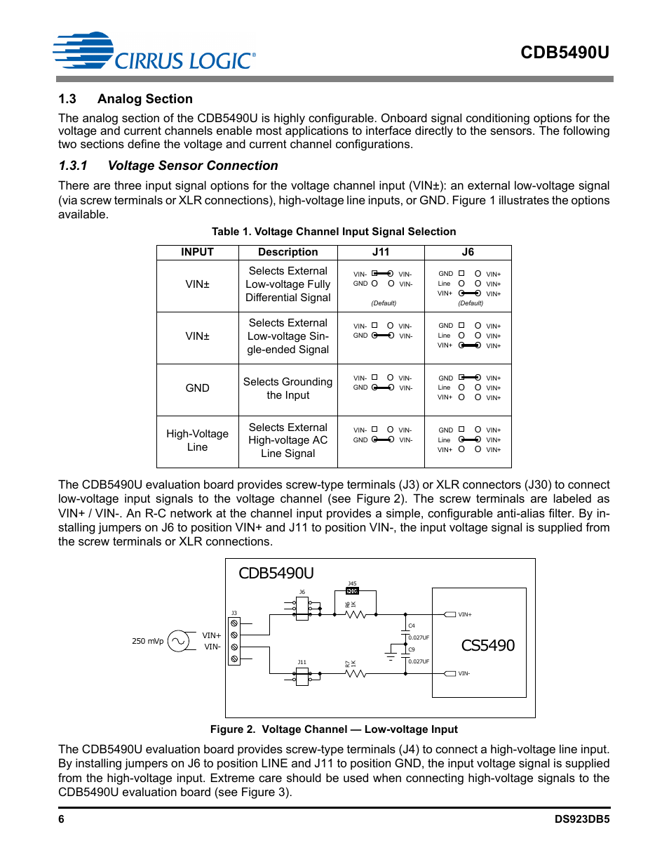 3 analog section, 1 voltage sensor connection, Figure 2. voltage channel — low-voltage input | Cdb5490u | Cirrus Logic CDB5490U User Manual | Page 6 / 46