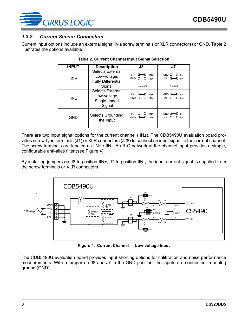 2 current sensor connection, Figure 4. current channel — low-voltage input, Cdb5490u | Cirrus Logic CDB5490U User Manual | Page 8 / 46