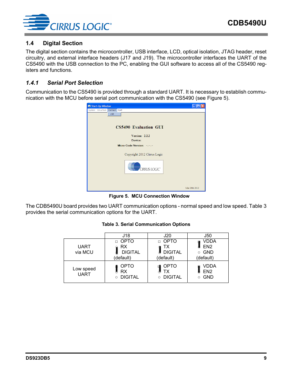 4 digital section, 1 serial port selection, Figure 5. mcu connection window | Cdb5490u | Cirrus Logic CDB5490U User Manual | Page 9 / 46