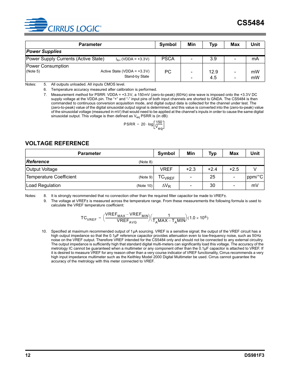 Power supplies, Voltage reference, Note 7 | Note 6), Cs5484 | Cirrus Logic CS5484 User Manual | Page 12 / 67