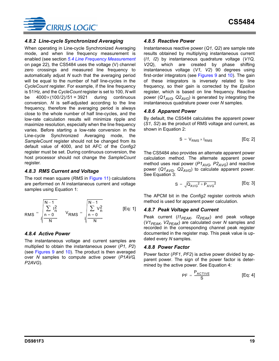 2 line-cycle synchronized averaging, 3 rms current and voltage, 4 active power | 5 reactive power, 6 apparent power, 7 peak voltage and current, 8 power factor, Cs5484 | Cirrus Logic CS5484 User Manual | Page 19 / 67