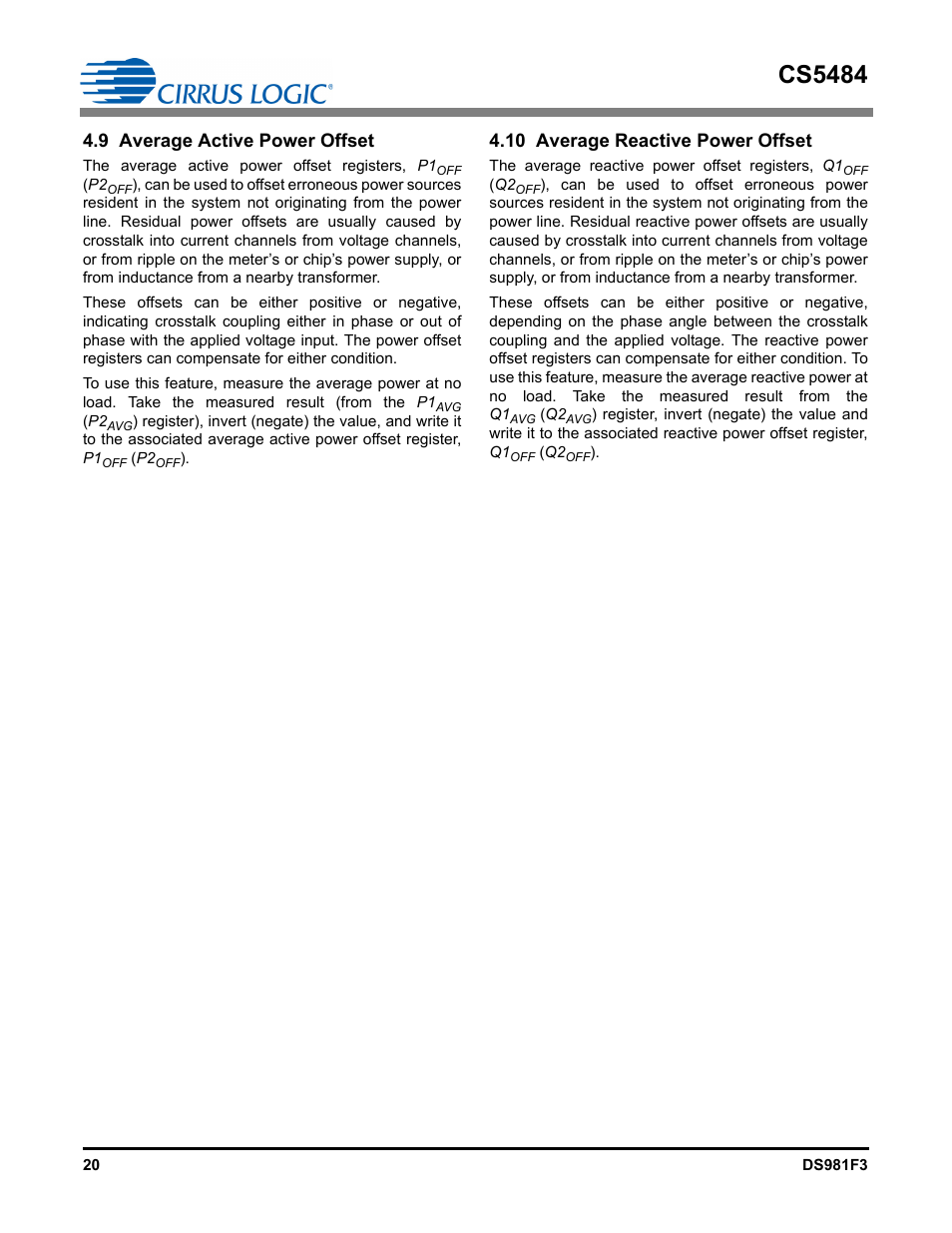 9 average active power offset, 10 average reactive power offset, Cs5484 | Cirrus Logic CS5484 User Manual | Page 20 / 67