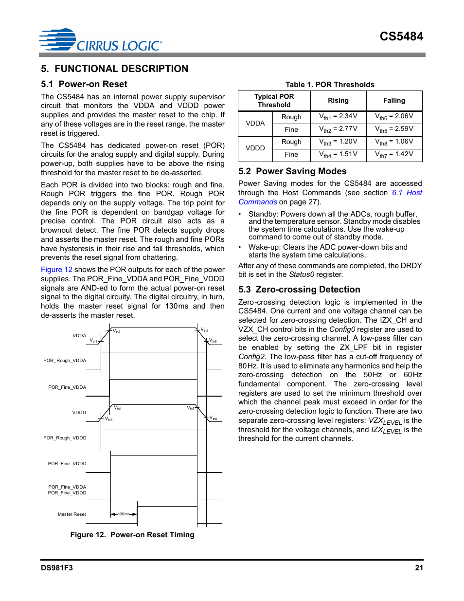 Functional description, 1 power-on reset, 2 power saving modes | 3 zero-crossing detection, Figure 12. power-on reset timing, Table 1. por thresholds, Cs5484 | Cirrus Logic CS5484 User Manual | Page 21 / 67