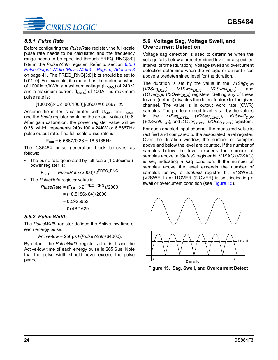 1 pulse rate, 2 pulse width, 1 pulse rate 5.5.2 pulse width | Figure 15. sag, swell, and overcurrent detect, Cs5484 | Cirrus Logic CS5484 User Manual | Page 24 / 67