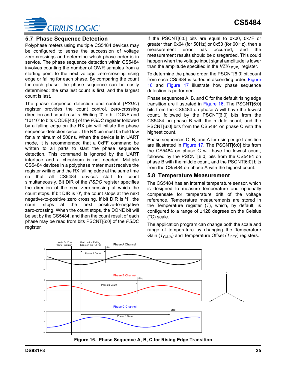 7 phase sequence detection, 8 temperature measurement, Cs5484 | And temperature offset ( t | Cirrus Logic CS5484 User Manual | Page 25 / 67