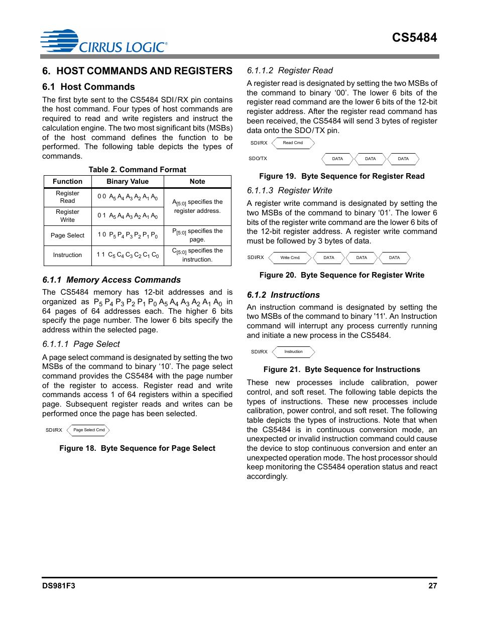 Host commands and registers, 1 host commands, 1 memory access commands | 2 register read, 3 register write, 2 instructions, Table 2. command format, 1 host, Commands, Cs5484 | Cirrus Logic CS5484 User Manual | Page 27 / 67