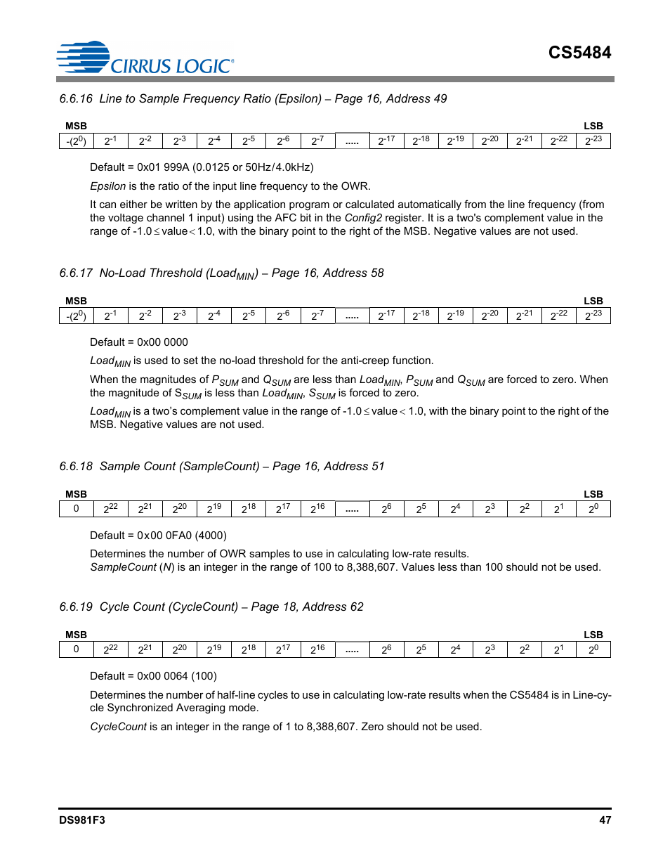 Cs5484, 16 line to sample frequency ratio (epsilon), Page 16, address 49 | 17 no-load threshold (load, Page 16, address 58, 18 sample count (samplecount), Page 16, address 51, 19 cycle count (cyclecount), Page 18, address 62 | Cirrus Logic CS5484 User Manual | Page 47 / 67