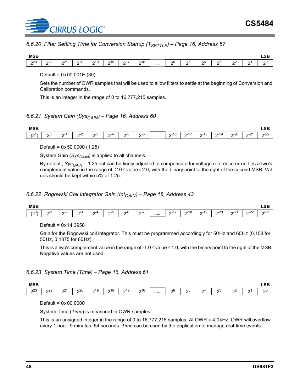 Cs5484, 20 filter settling time for conversion startup (t, Page 16, address 57 | 21 system gain (sys, Page 16, address 60, 22 rogowski coil integrator gain (int, Page 18, address 43, 23 system time (time), Page 16, address 61 | Cirrus Logic CS5484 User Manual | Page 48 / 67