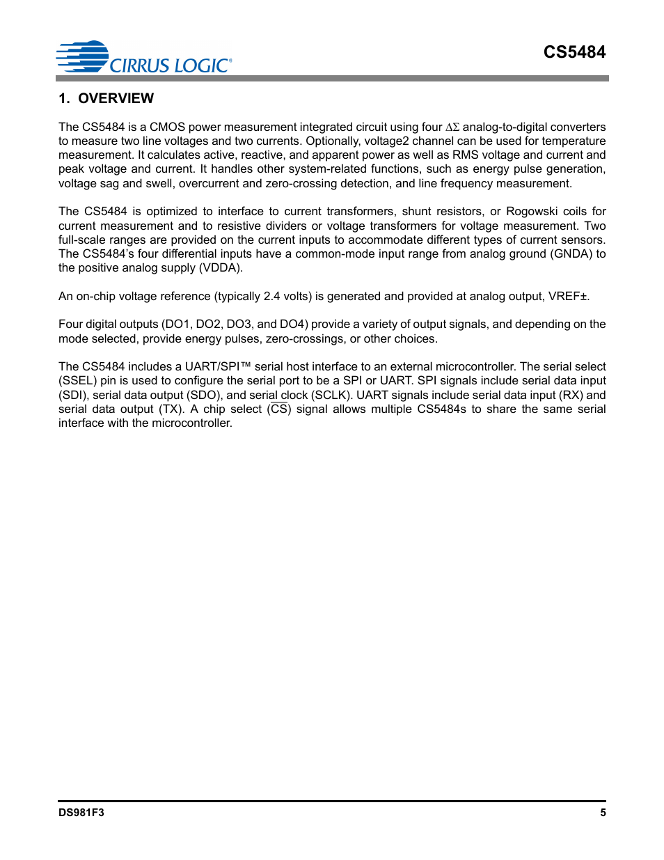 Overview, Cs5484 | Cirrus Logic CS5484 User Manual | Page 5 / 67