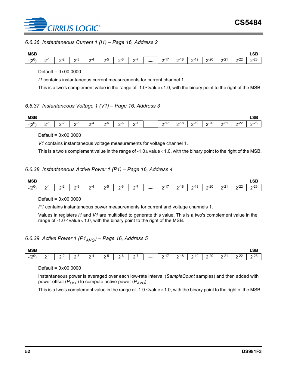 Cs5484, 39 active power 1 (p1, Page 16, address 5 | Cirrus Logic CS5484 User Manual | Page 52 / 67
