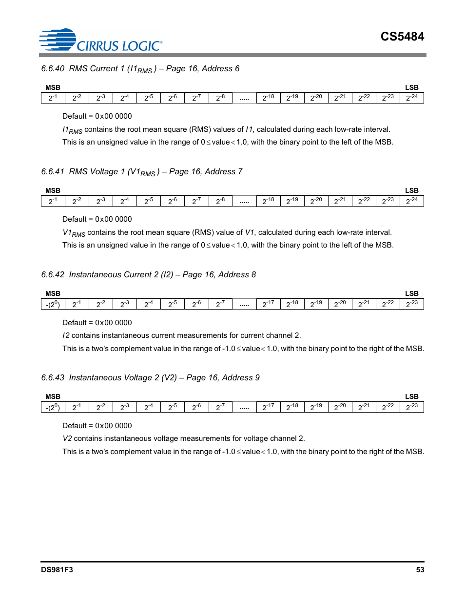 Cs5484, 40 rms current 1 (i1, Page 16, address 6 | 41 rms voltage 1 (v1, Page 16, address 7 | Cirrus Logic CS5484 User Manual | Page 53 / 67
